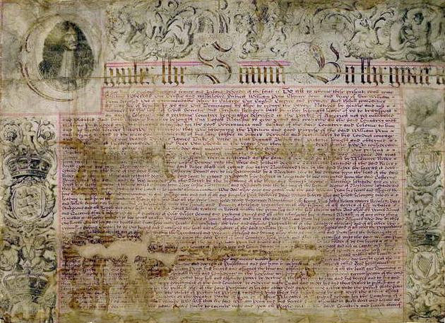 Cration de la Pennsylvanie. Le dbut de la Charte accorde par le Roi Charles II  William Penn. Pris sur ce site :
http://www.docheritage.state.pa.us/documents/charter.asp