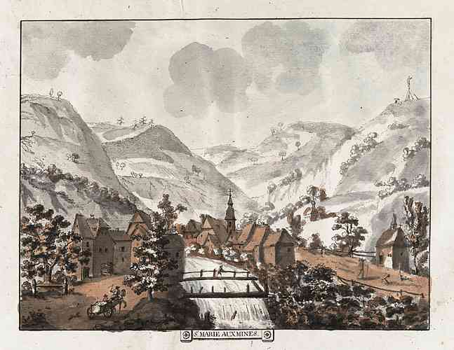 Sainte Marie aux Mines dessine en 1785 par l'abb Grandidier; c'est  peu prs ainsi que Mougeotte Jenin a du voir sa ville; pris sur ce site : http://www.bacm.creditmutuel.fr/IMG00309.html